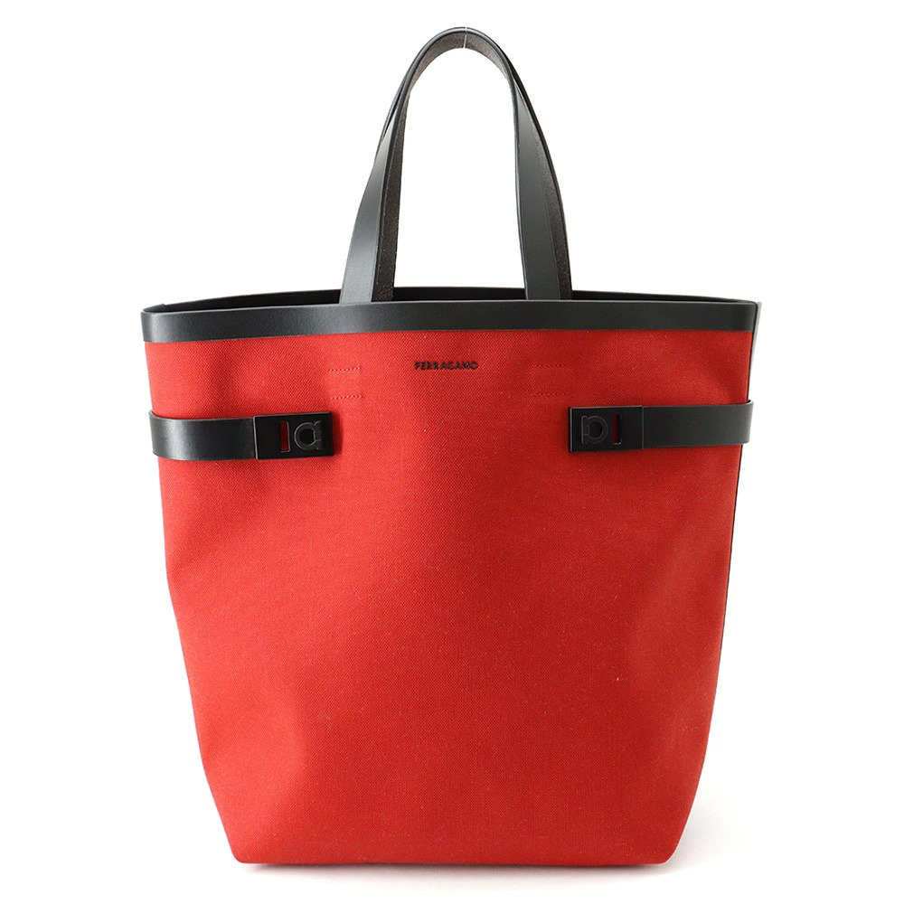 Salvatore Ferragamo Tote Bag Gancini Canvas Leather Red